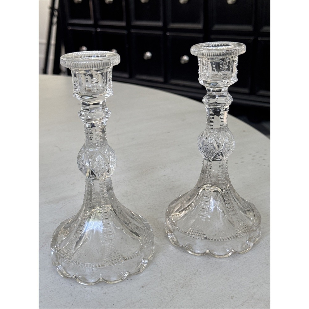 (2) Vtg American Brilliant Cut Glass Candlestick Zipper Cut With Hollow Stem 7"